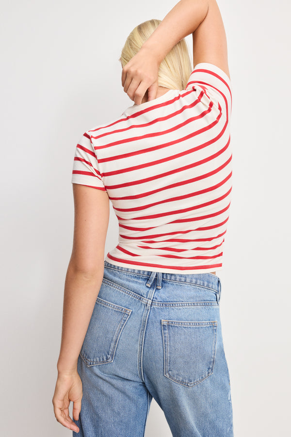 SUPER STRETCH BABY TEE | ECRU & CHILI WIDE STRIPE