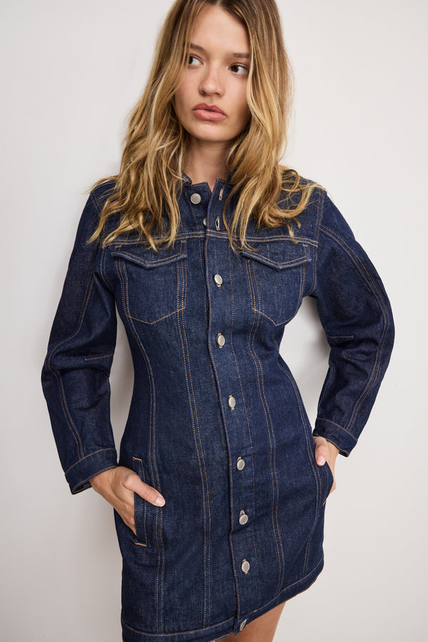 BARREL LONG SLEEVE MINI DRESS | INDIGO982