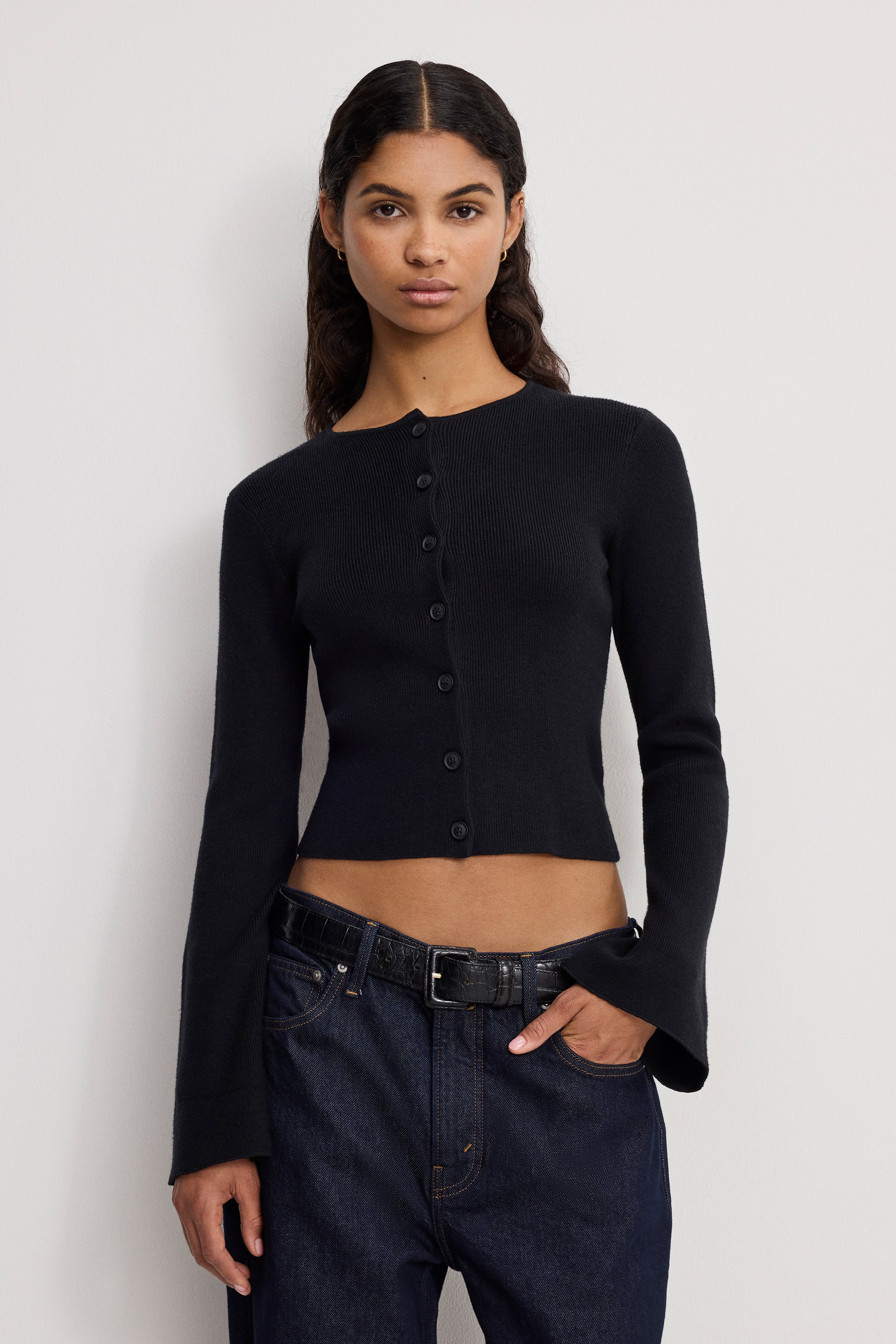 BELL SLEEVE KNIT CARDIGAN | BLACK001 – GOOD AMERICAN