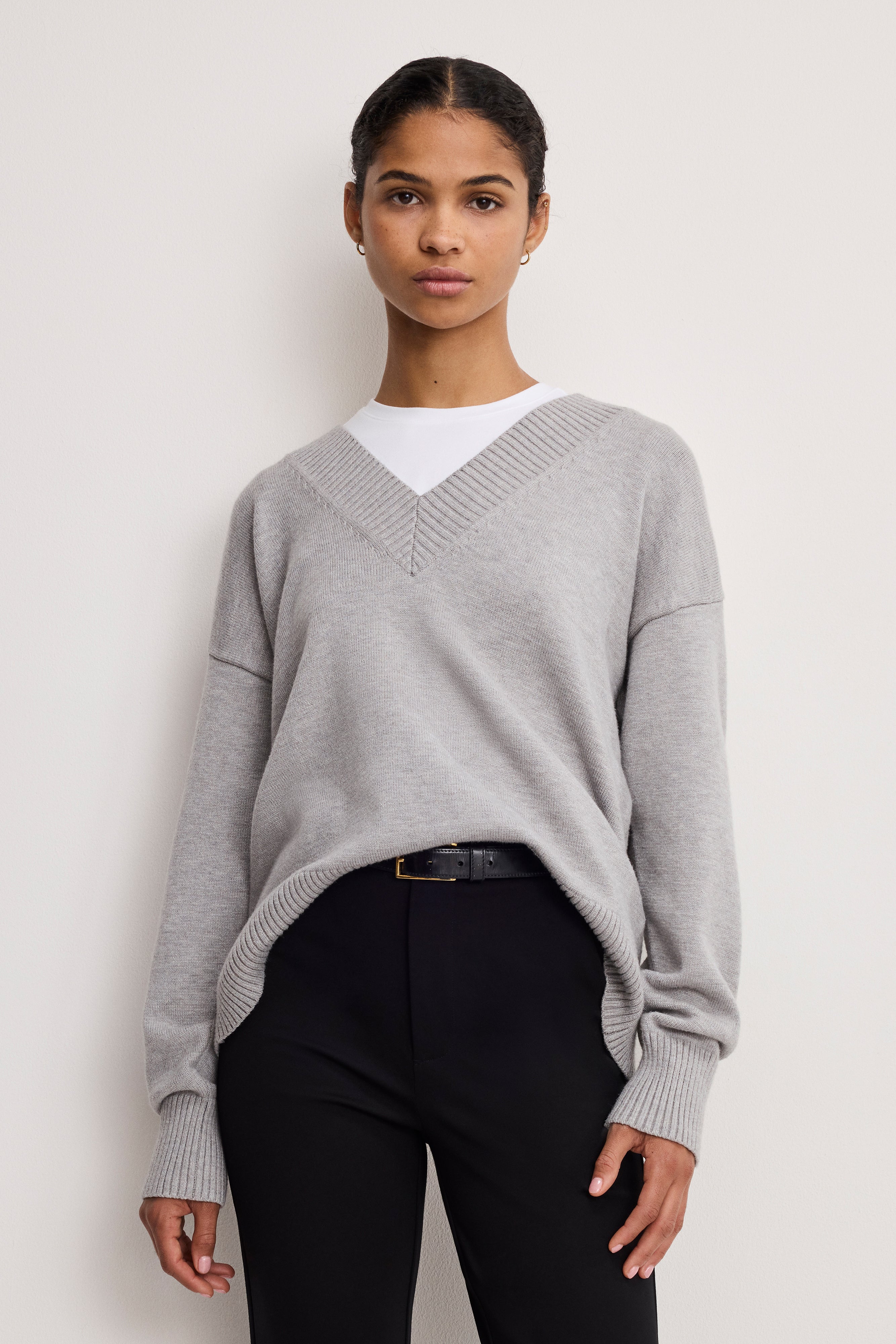 DEEP V KNIT SWEATER | MELANGE GREY – GOOD AMERICAN