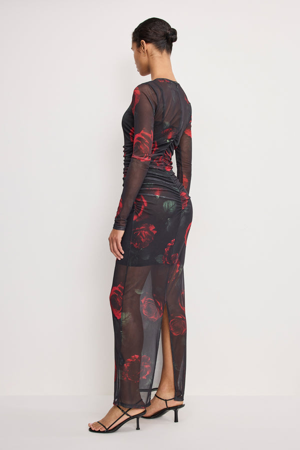 MESH RUCHED MAXI DRESS | MOODY RED ROSES001