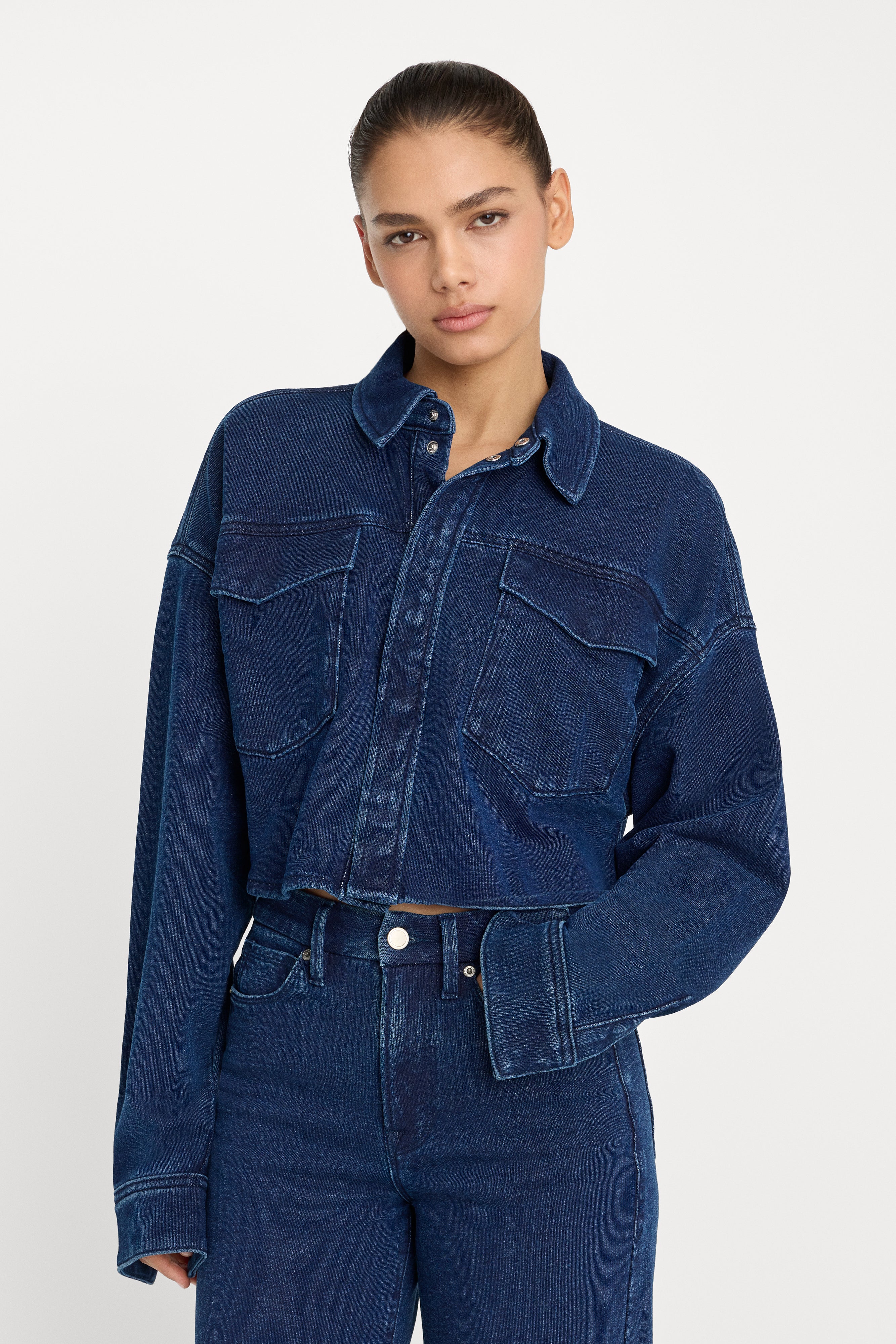 cropped jacket over fitted indigo knee length dress Good American Women's Jeanius Collared - Indigo377 Santa Claus Baby Christmas Featuring a spread collar inventory_low Color:Nude/Silver/Gold*