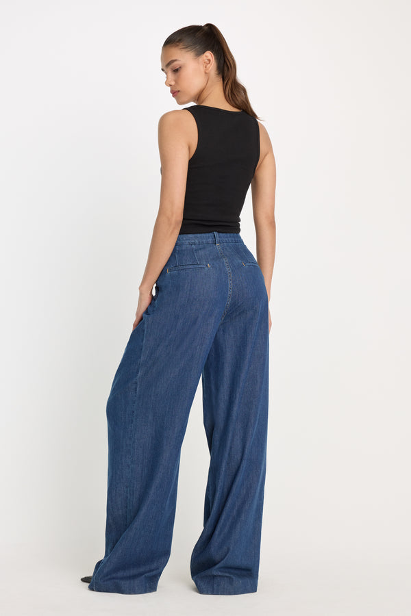 PLEATED HIGH WAISTED WIDE LEG TROUSER | INDIGO1187