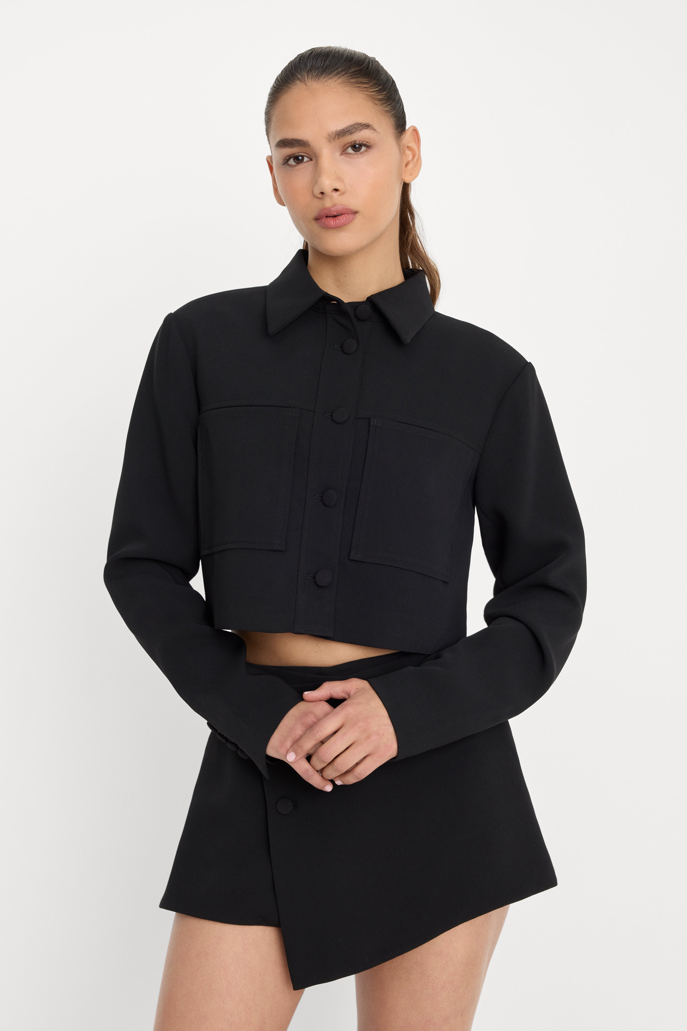 LUXE SUITING CROPPED JACKET | BLACK001 – GOOD AMERICAN