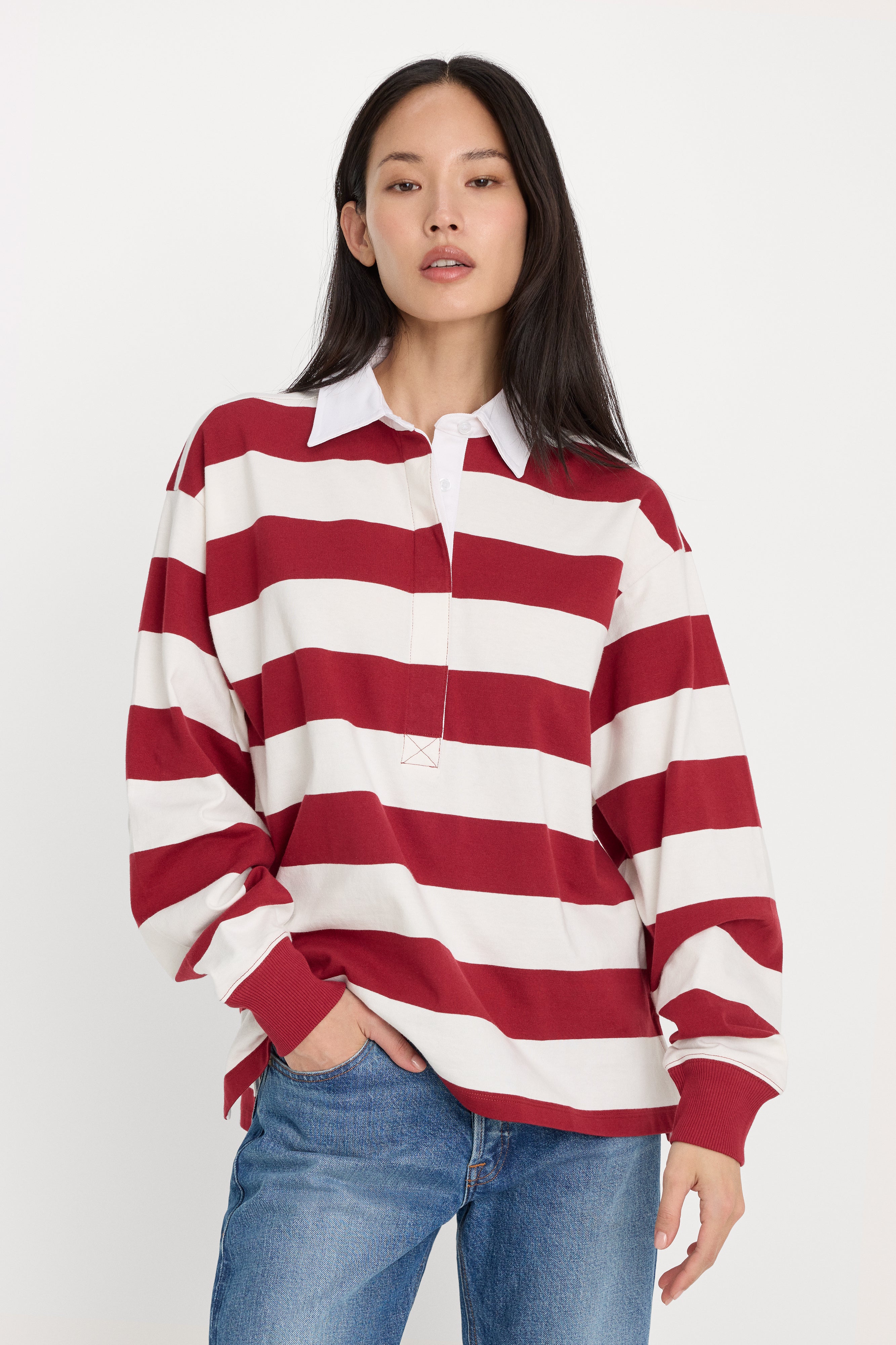 OVERSIZED RUGBY TEE | MERLOT AND CHALK RUGBY STRIPE – GOOD AMERICAN