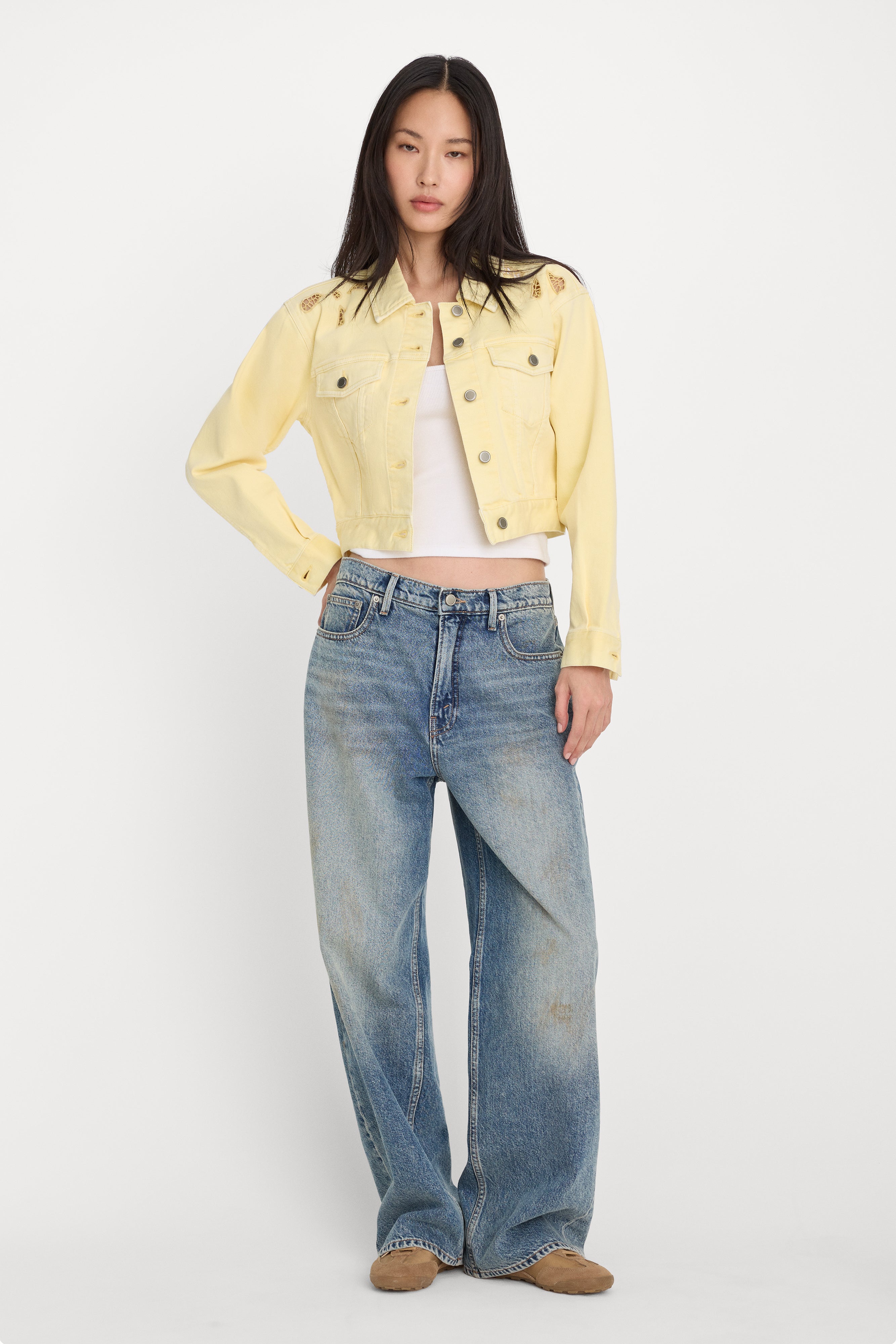 ESSENTIAL CROP DENIM JACKET EMBROIDERED | ANISE YELLOW – GOOD AMERICAN