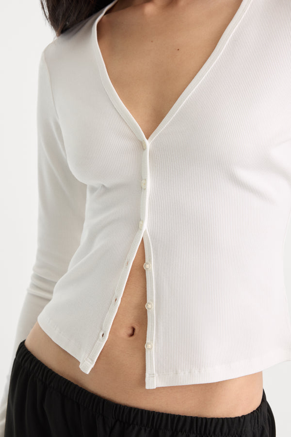 THE RIB V NECK CARDIGAN | CHALK