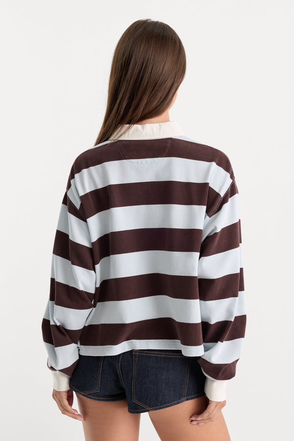 THE CROPPED RUGBY POLO | ESPRESSO SKY BLOCK STRIPE