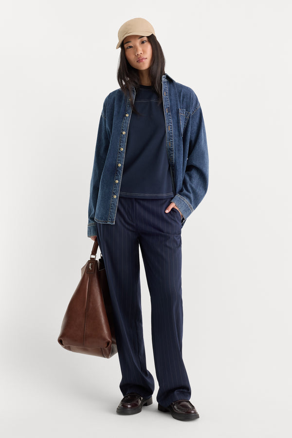 THE LOW RISE STRAIGHT LEG TROUSER | NAVY PINSTRIPE