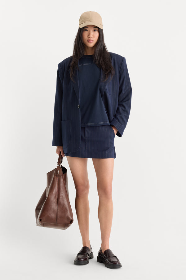 THE TROUSER MINI SKIRT | NAVY PINSTRIPE