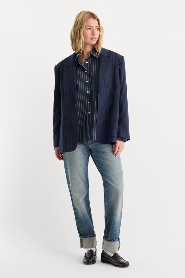 THE OVERSIZED BLAZER | NAVY PINSTRIPE