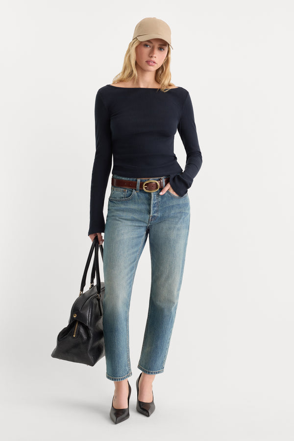 THE VARIEGATED RIB LONG SLEEVE TOP | NEW NAVY002