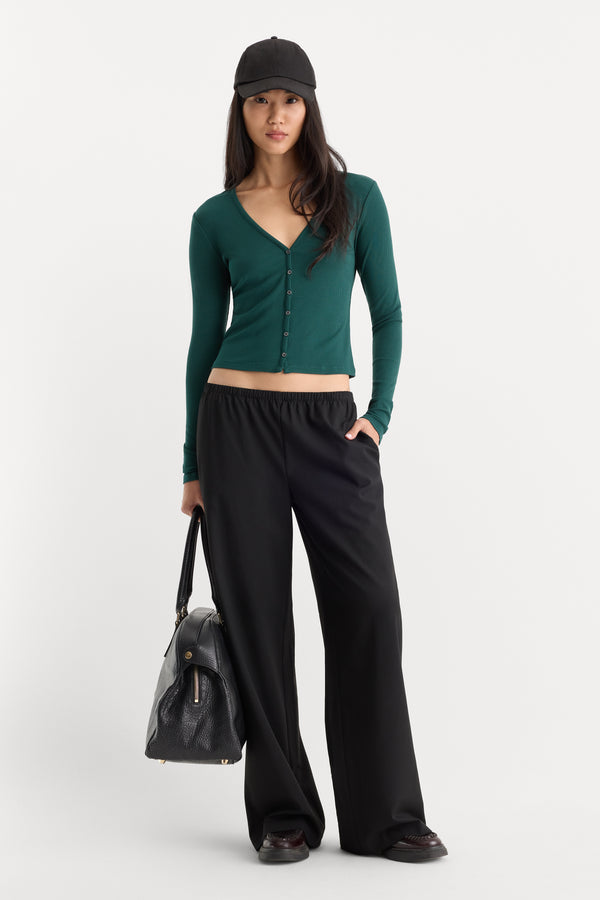 THE RIB V NECK CARDIGAN | FOREST GREEN