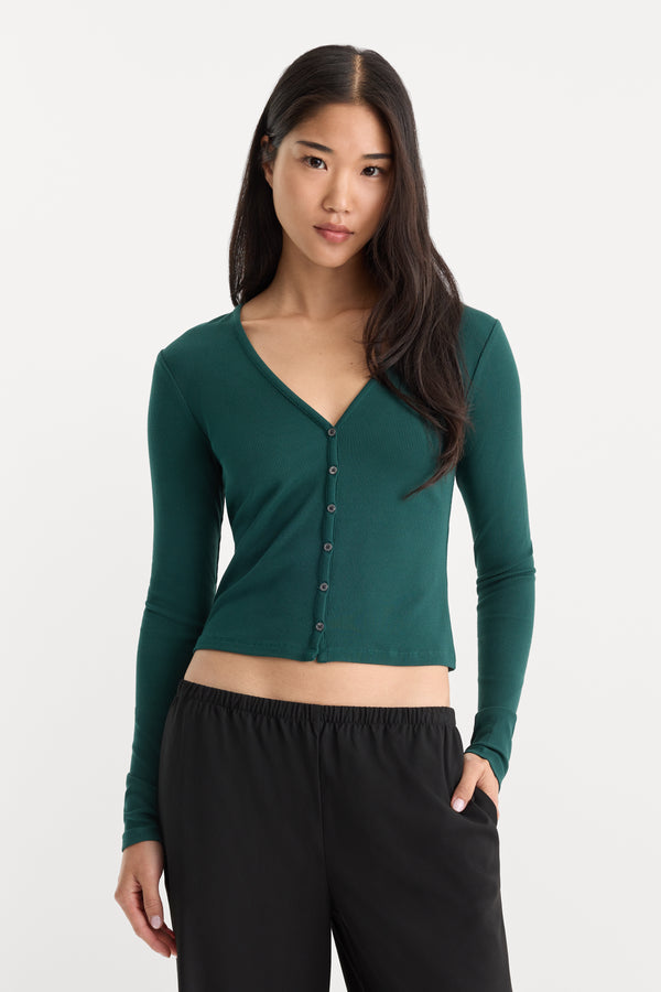 THE RIB V NECK CARDIGAN | FOREST GREEN