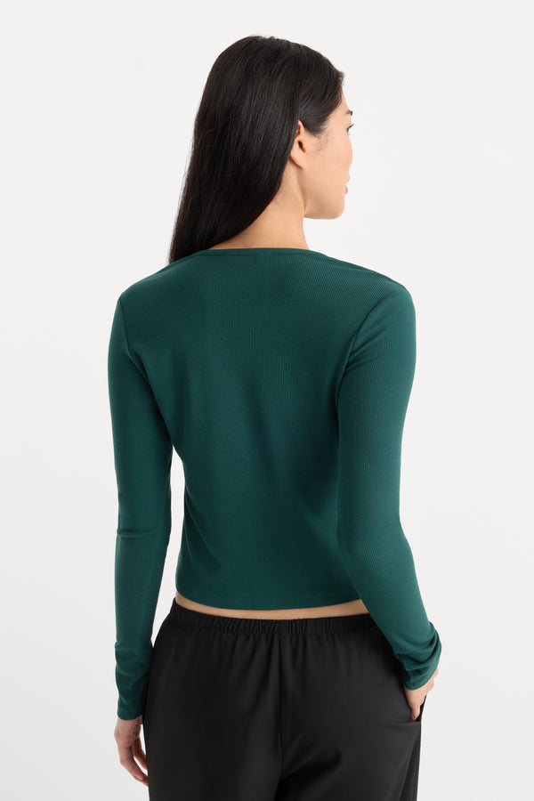 THE RIB V NECK CARDIGAN | FOREST GREEN