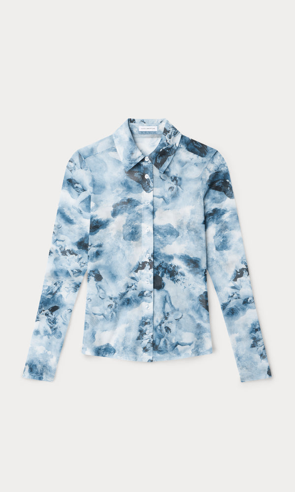 MESH BUTTON UP TOP | BLUE ANGEL PRINT