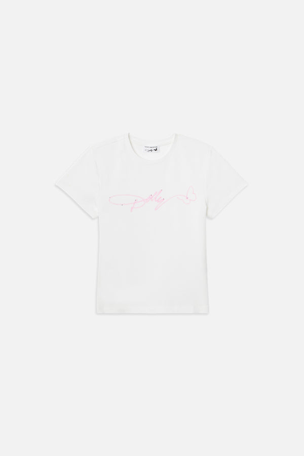 DOLLY SIGNATURE SUPER STRETCH BABY TEE | WHITE/DOLLY PINK