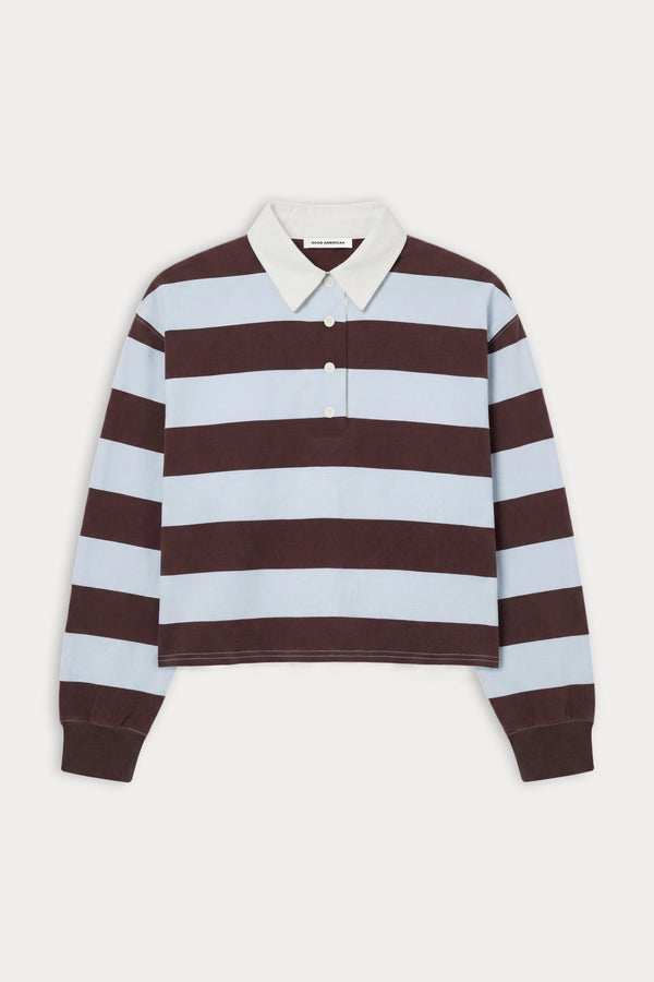 THE CROPPED RUGBY POLO | ESPRESSO SKY BLOCK STRIPE