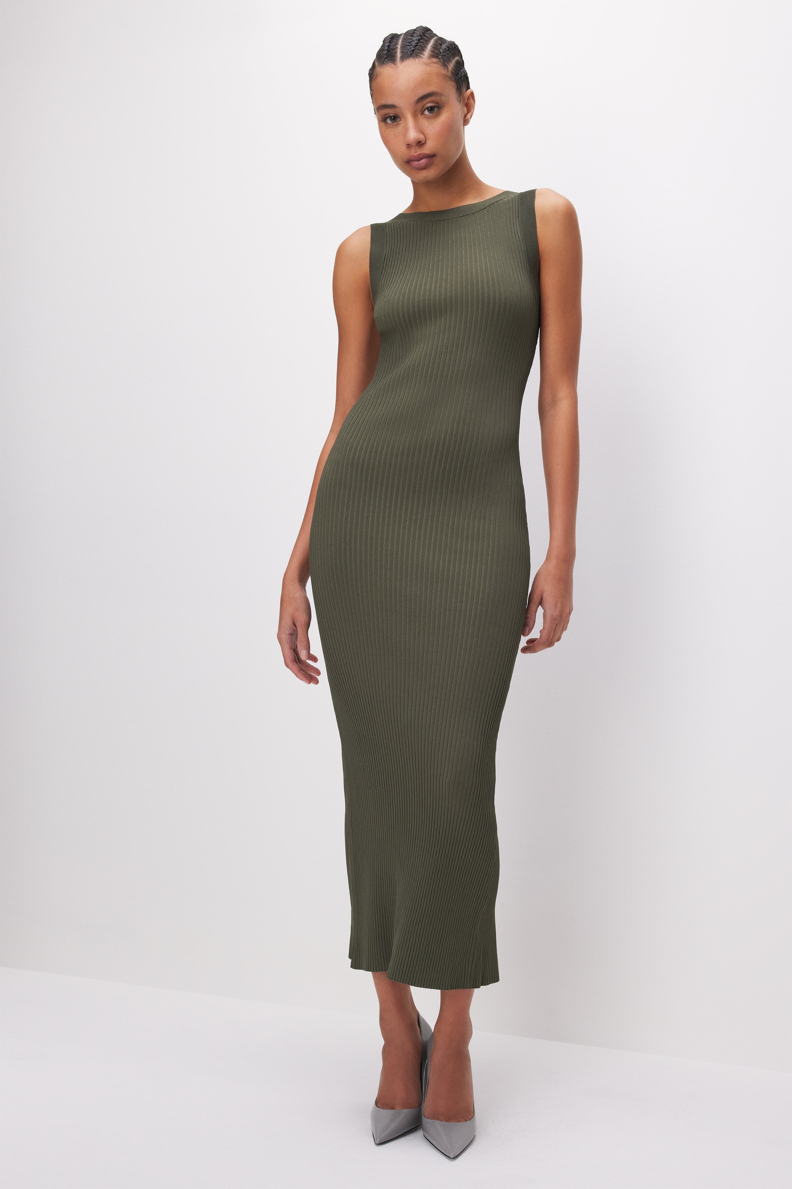 STRETCH RIB SCOOP BACK MIDI DRESS