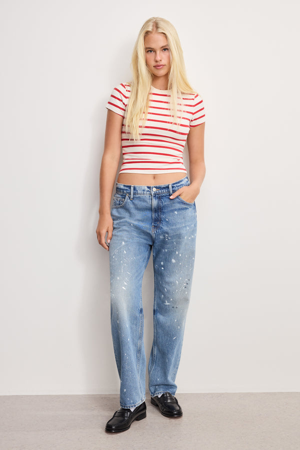 SUPER STRETCH BABY TEE | ECRU & CHILI WIDE STRIPE