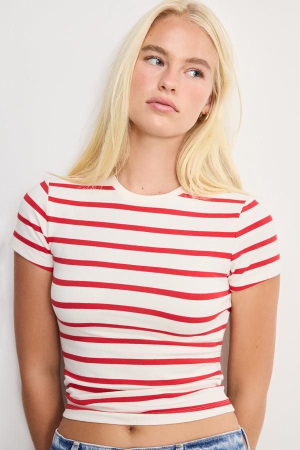 SUPER STRETCH BABY TEE | ECRU & CHILI WIDE STRIPE