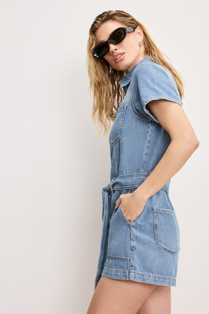 FIT FOR SUCCESS LITE LINEN DENIM SHORTS JUMPSUIT | INDIGO786