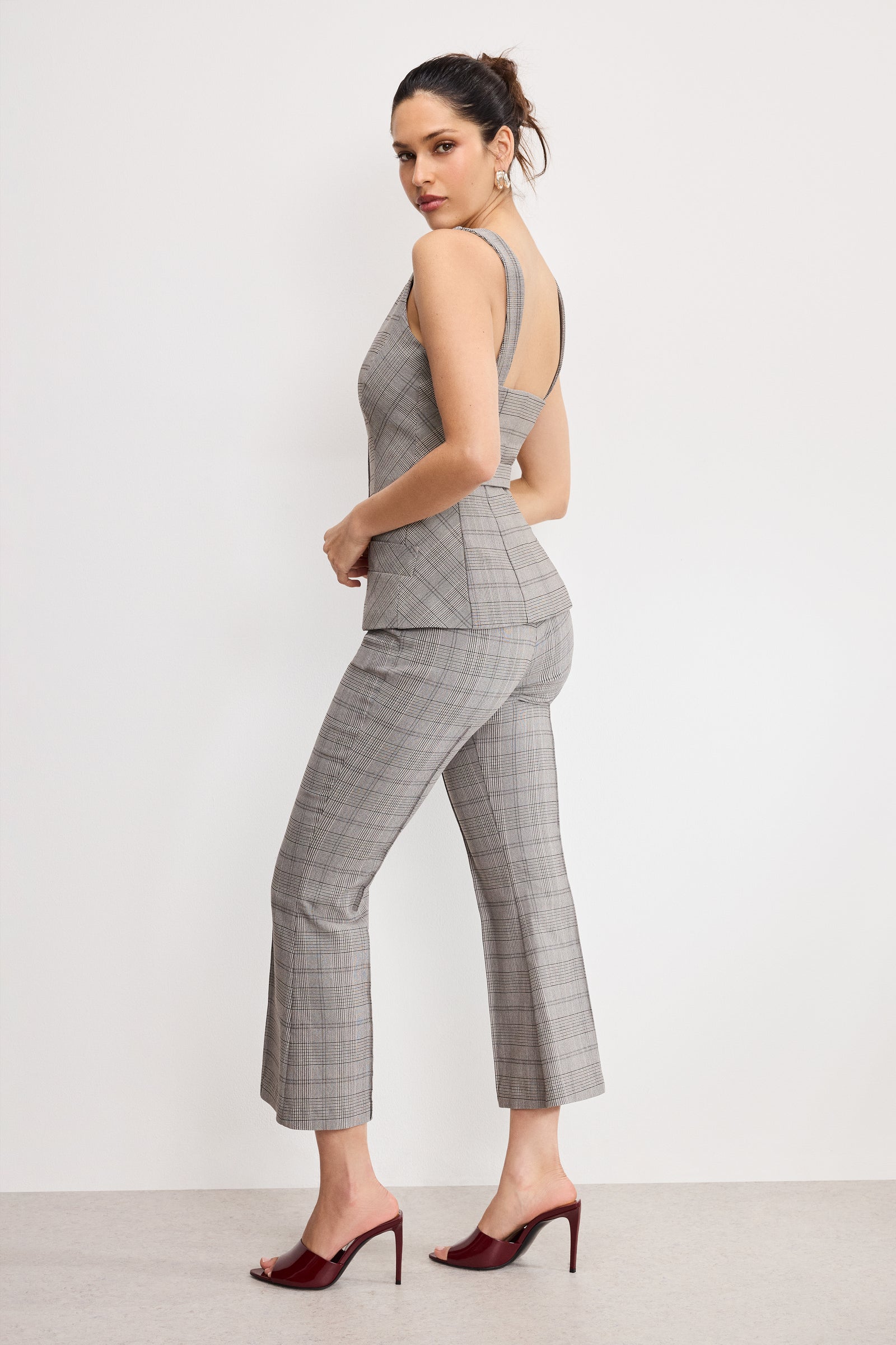 PLAID PULL ON KICK FLARE PANTS | GLEN PLAID001