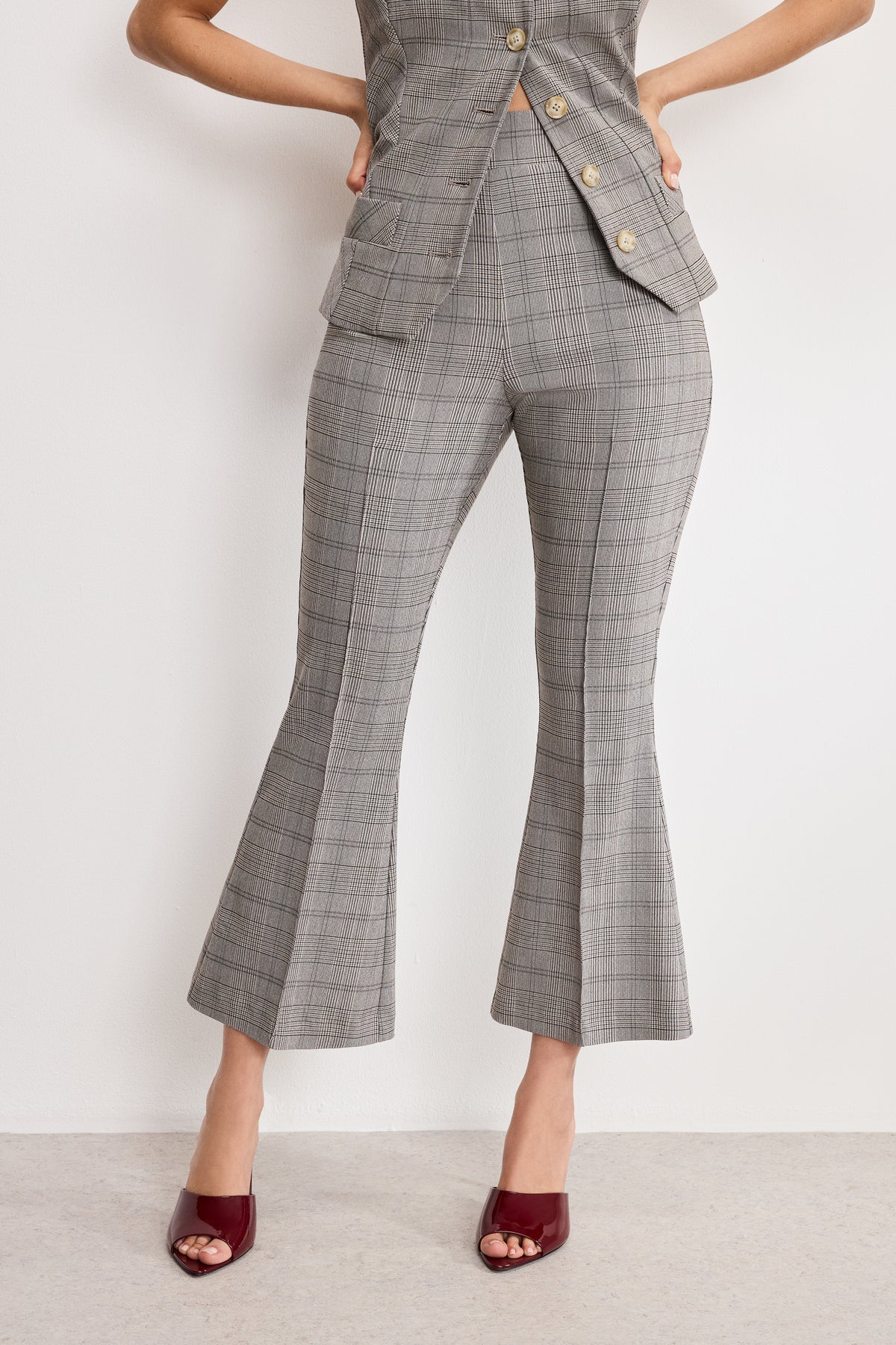 PLAID PULL ON KICK FLARE PANTS | GLEN PLAID001