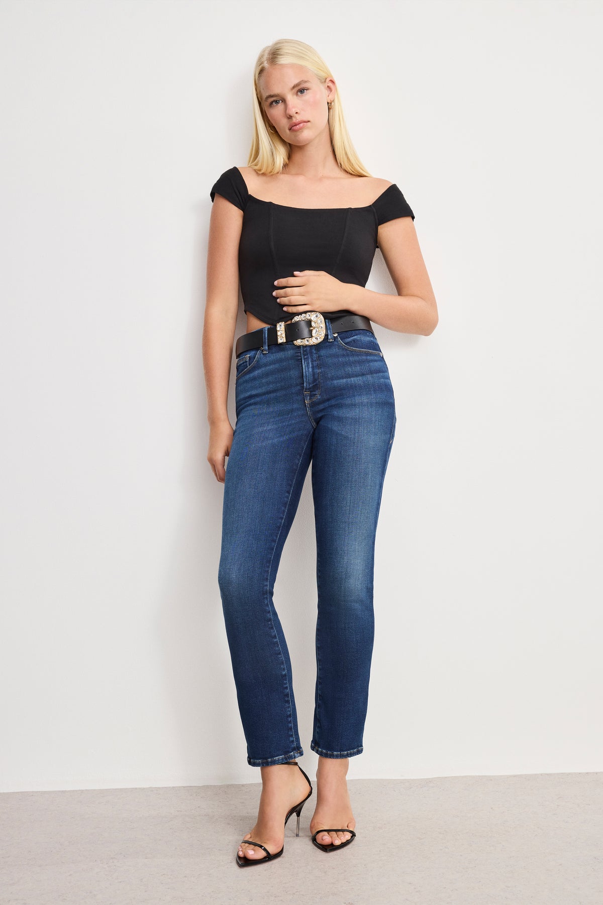 DOLLY CLASSIC CRYSTAL LEATHER BELT | BLACK001-3 | GOOD AMERICAN | MODEL_A