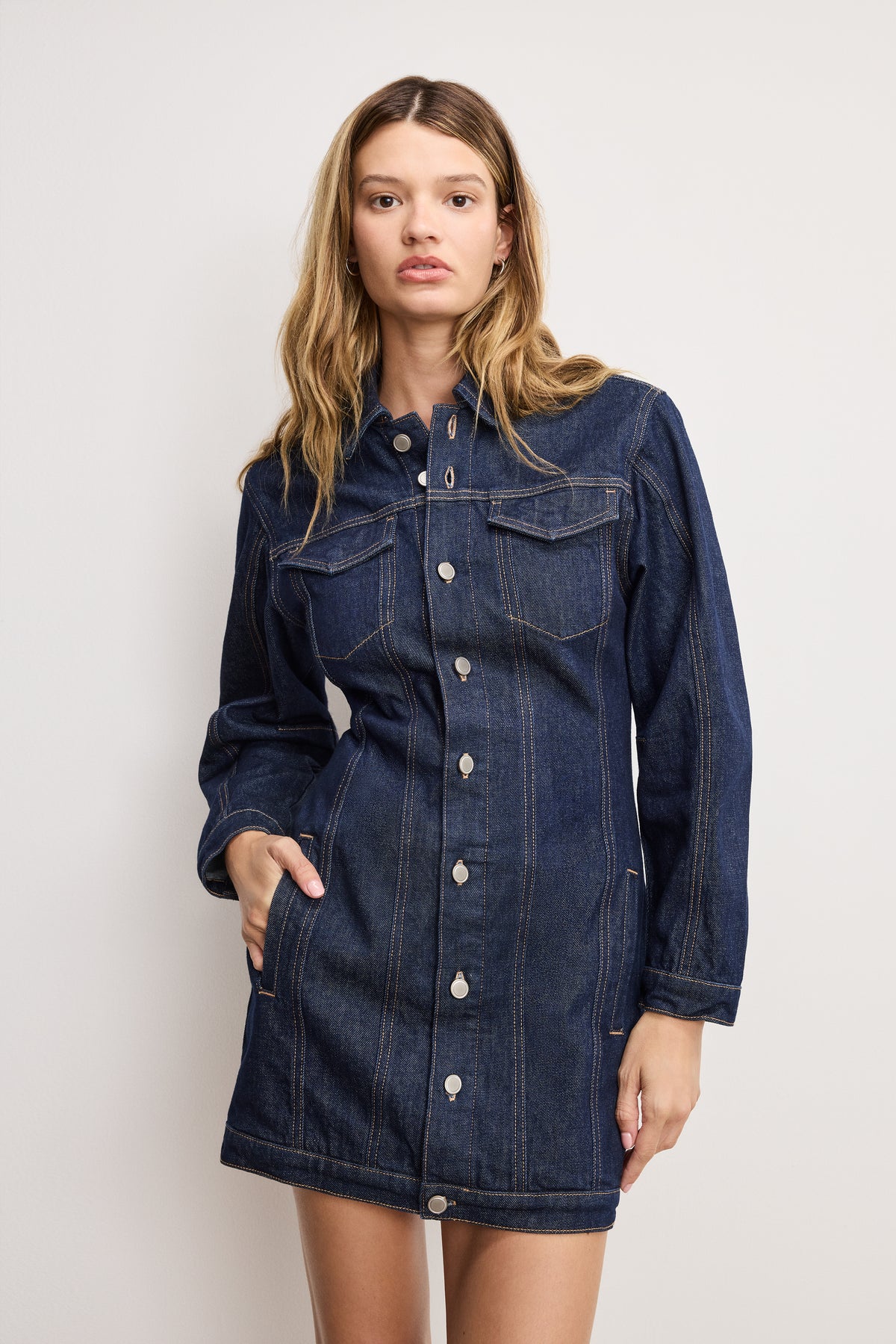 BARREL LONG SLEEVE MINI DRESS | INDIGO982