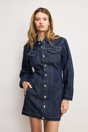 BARREL LONG SLEEVE MINI DRESS | INDIGO982