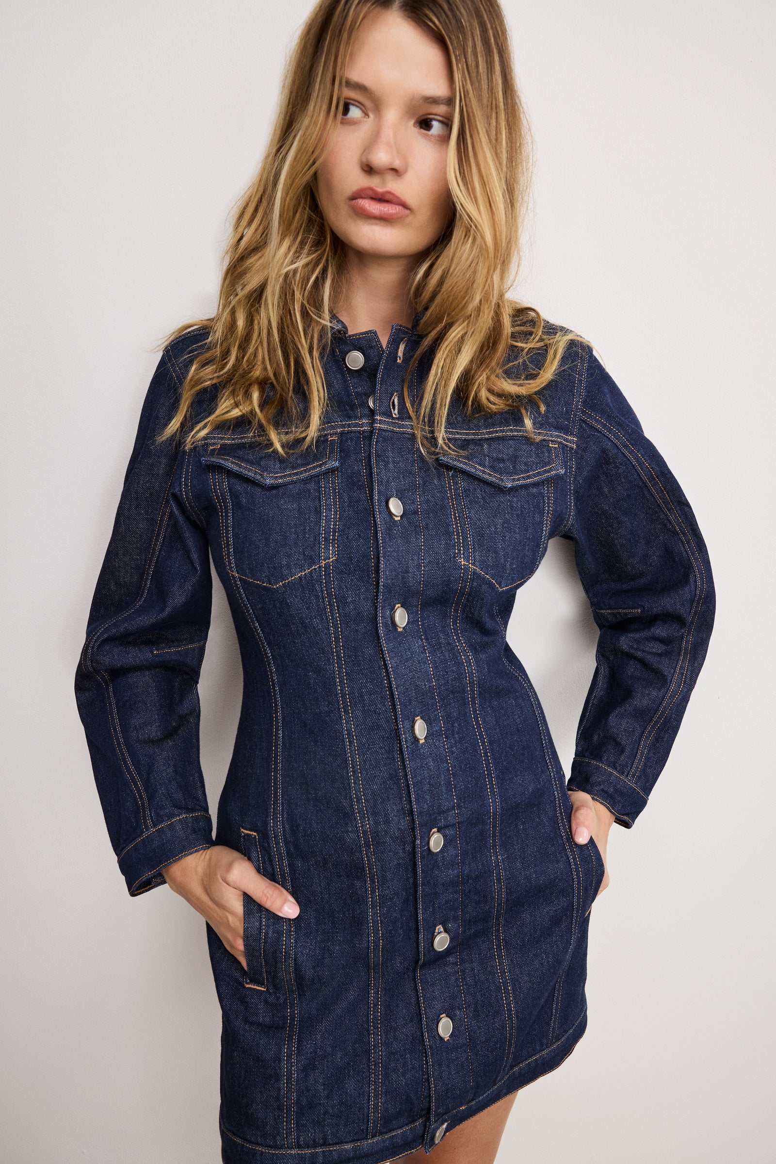 BARREL LONG SLEEVE MINI DRESS | INDIGO982