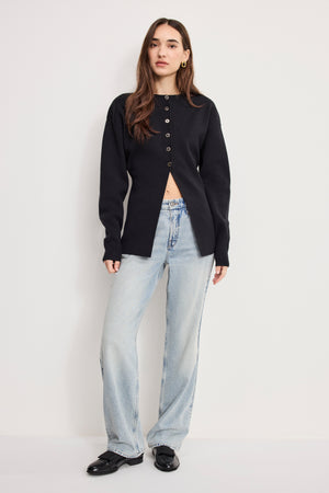 EXAGGERATED SLEEVE CARDIGAN SWEATER | BLACK001