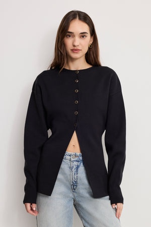 EXAGGERATED SLEEVE CARDIGAN SWEATER | BLACK001