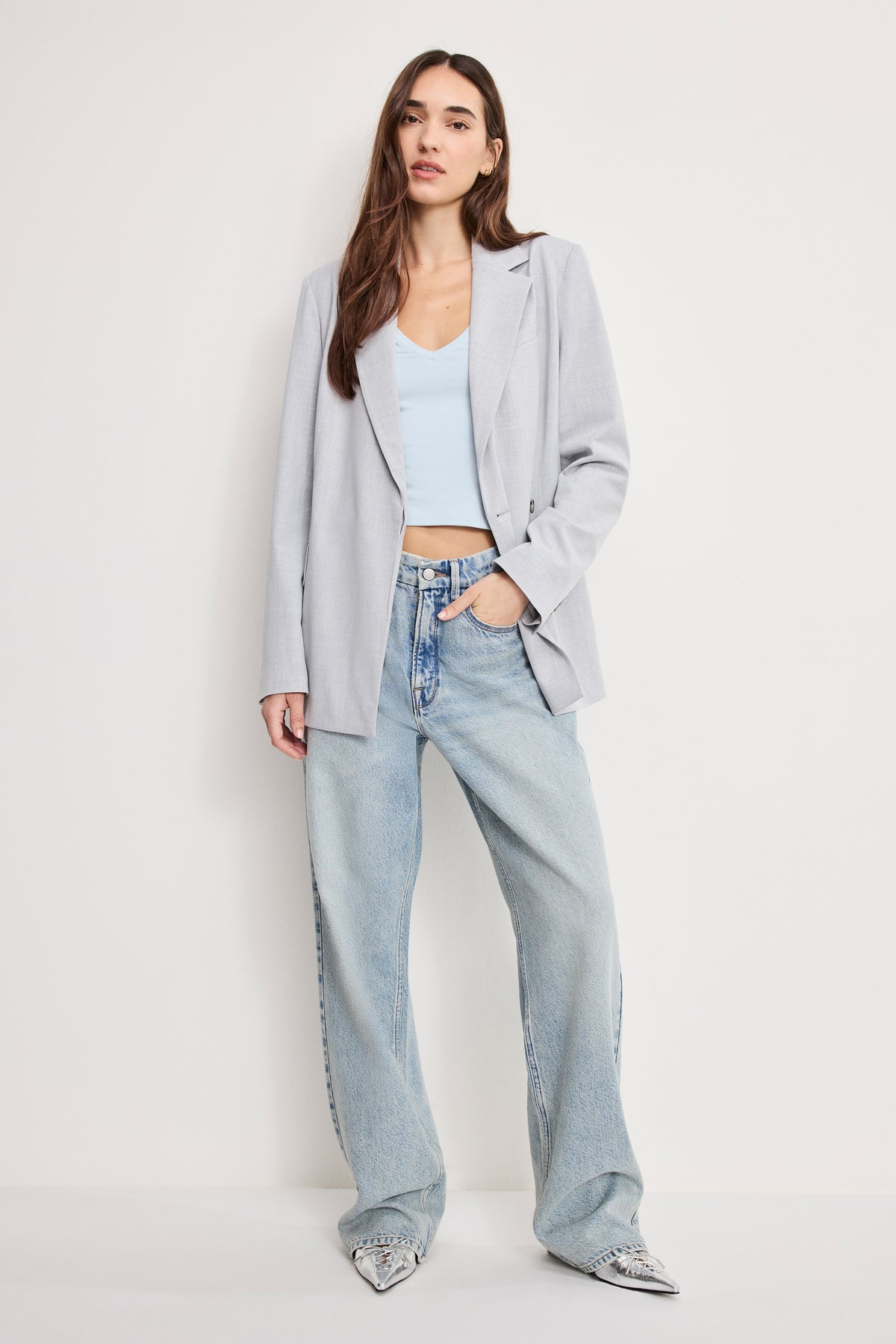 ESSENTIAL SUITING BELTED BLAZER | CROSSHATCH GREY-4 | GOOD AMERICAN | MODEL_A