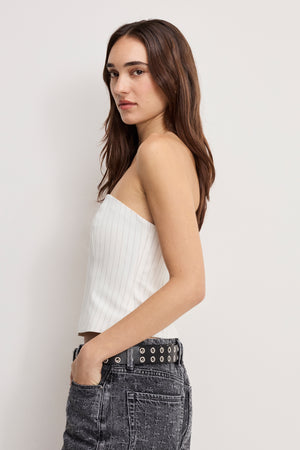 ESSENTIAL SUITING STRAPLESS TOP | CHESTNUT PIN STRIPE