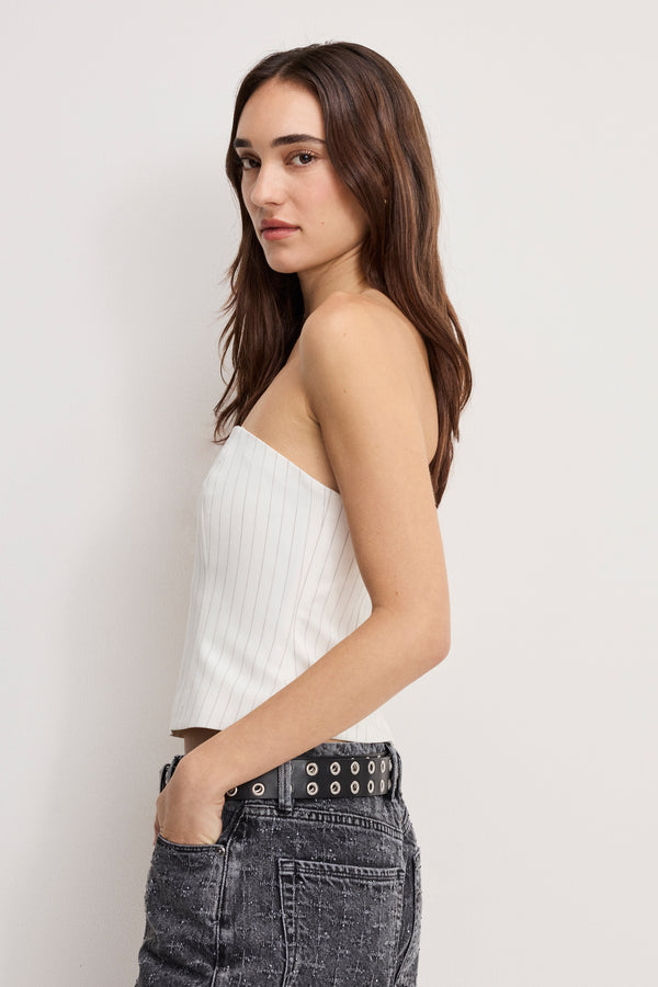 ESSENTIAL SUITING STRAPLESS TOP | CHESTNUT PIN STRIPE