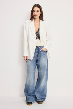 ESSENTIAL SUITING BELTED BLAZER | CHESTNUT PIN STRIPE