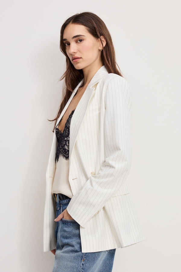 ESSENTIAL SUITING BELTED BLAZER | CHESTNUT PIN STRIPE