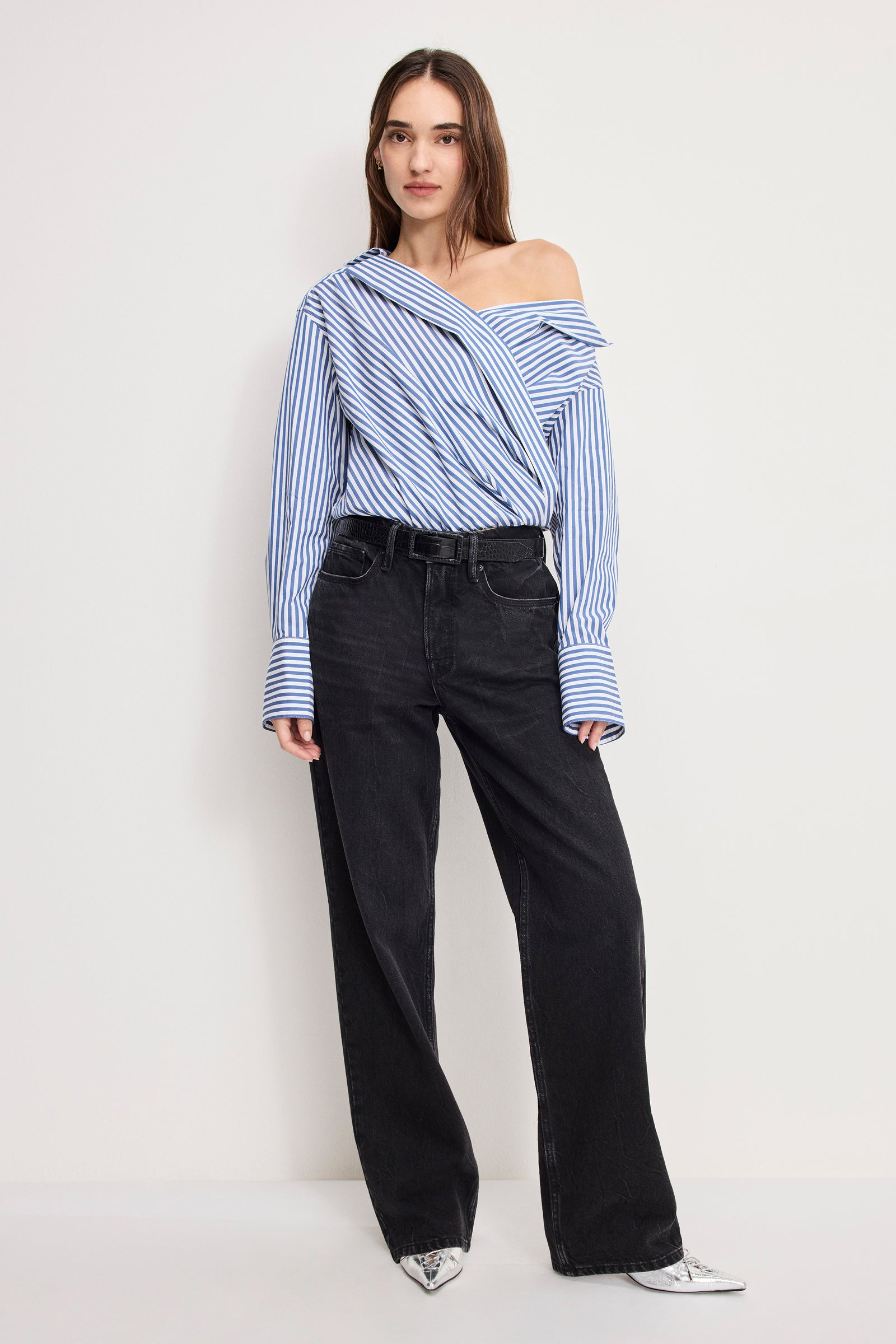 OFF-SHOULDER POPLIN BODYSUIT | INDIGO STRIPE