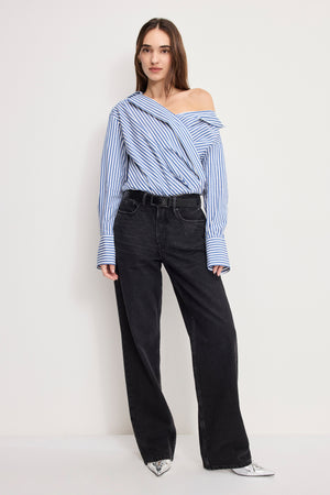 OFF-SHOULDER POPLIN BODYSUIT | INDIGO STRIPE