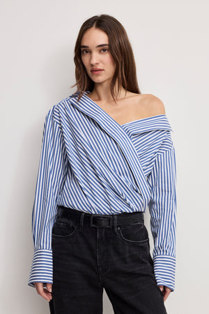 OFF-SHOULDER POPLIN BODYSUIT | INDIGO STRIPE