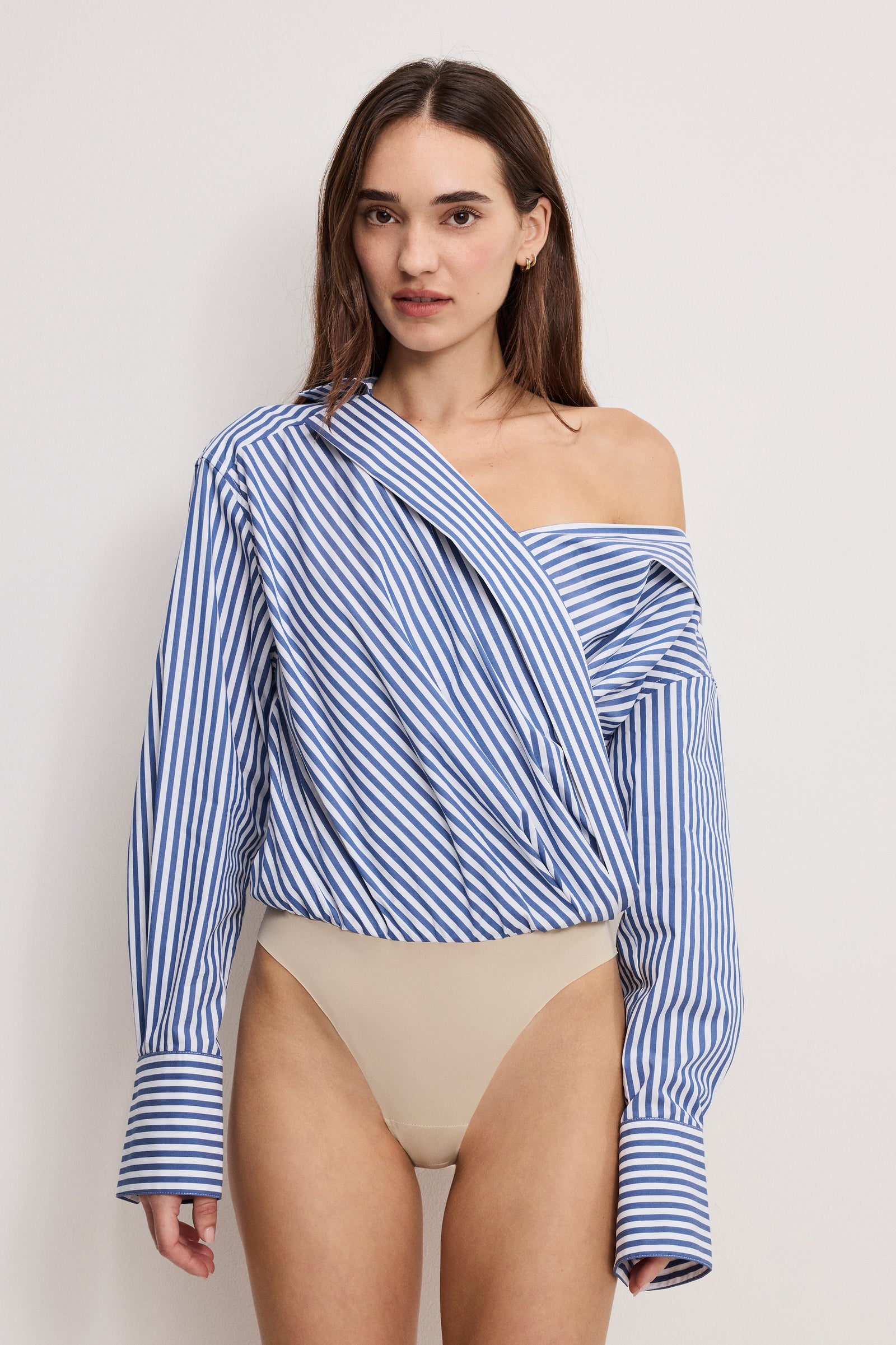 OFF-SHOULDER POPLIN BODYSUIT | INDIGO STRIPE