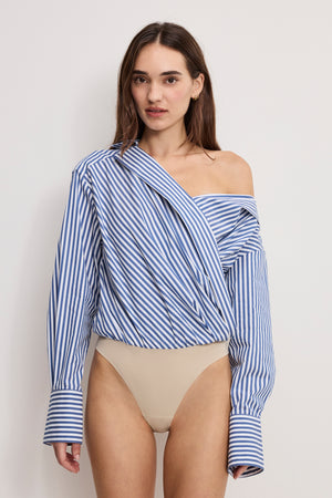 OFF-SHOULDER POPLIN BODYSUIT | INDIGO STRIPE