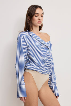 OFF-SHOULDER POPLIN BODYSUIT | INDIGO STRIPE