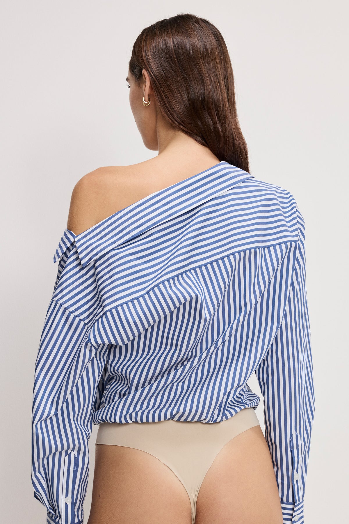 OFF-SHOULDER POPLIN BODYSUIT | INDIGO STRIPE