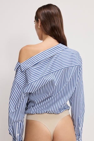 OFF-SHOULDER POPLIN BODYSUIT | INDIGO STRIPE