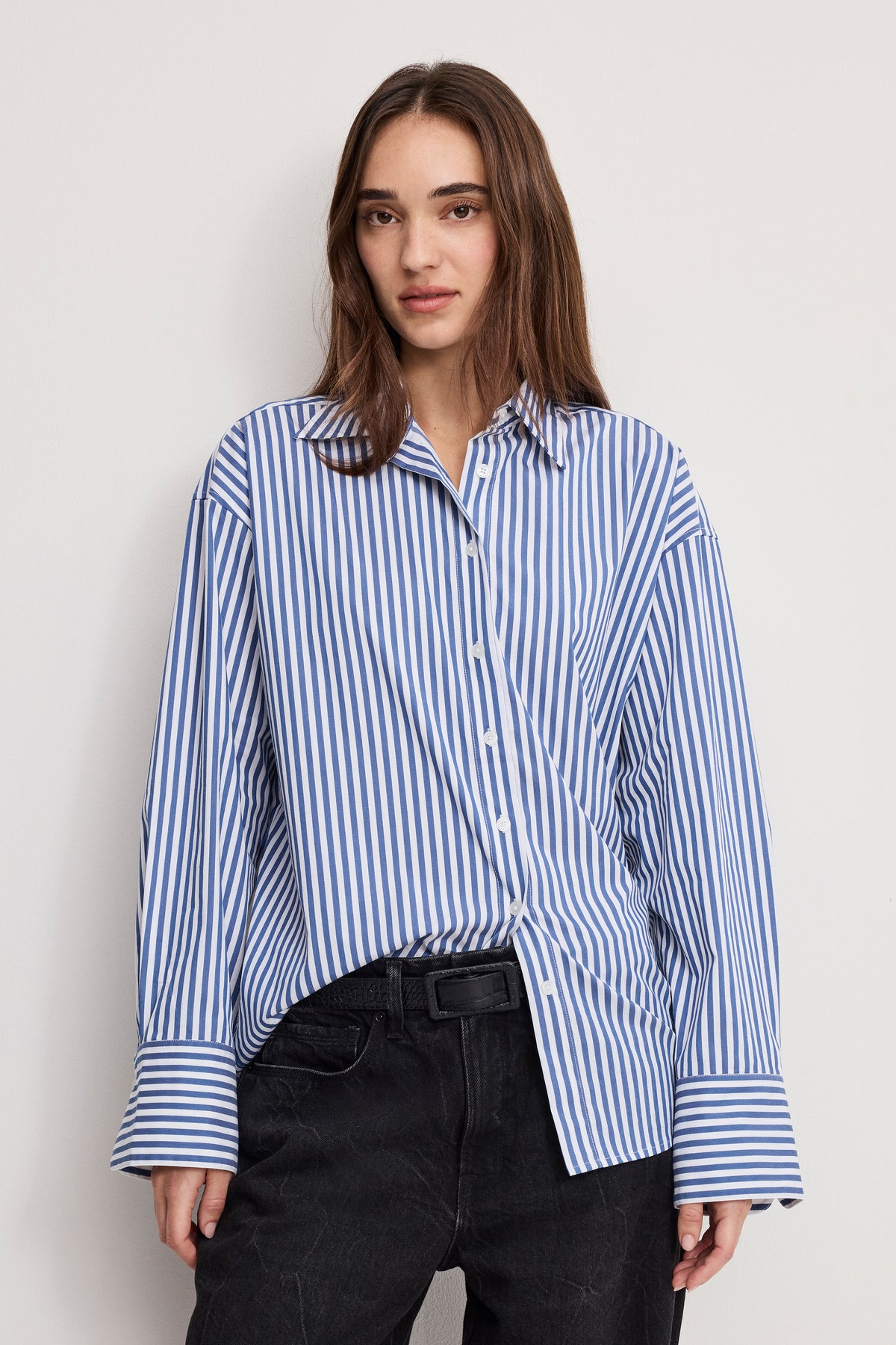 POPLIN OVERSIZED SHIRT W BUTTON ADJUSTABLE WAIST | INDIGO STRIPE