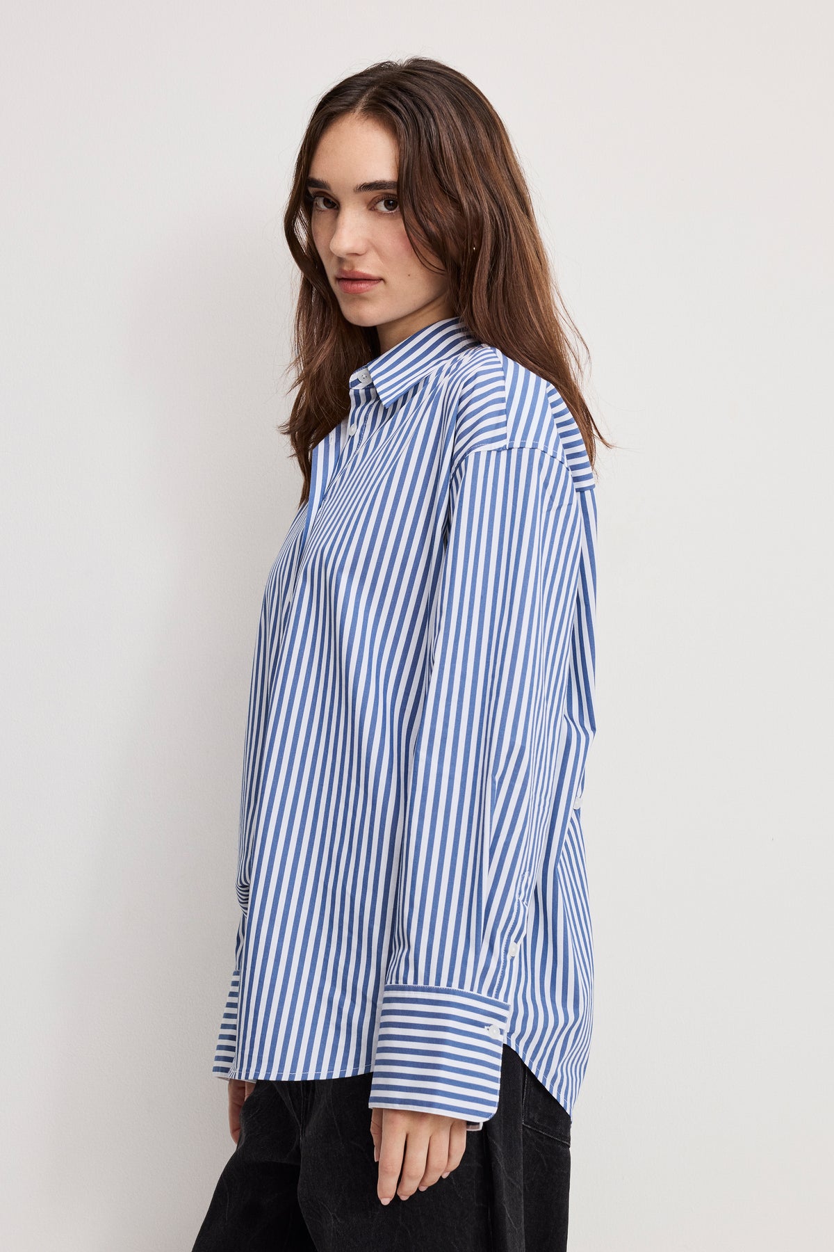 POPLIN OVERSIZED SHIRT W BUTTON ADJUSTABLE WAIST | INDIGO STRIPE