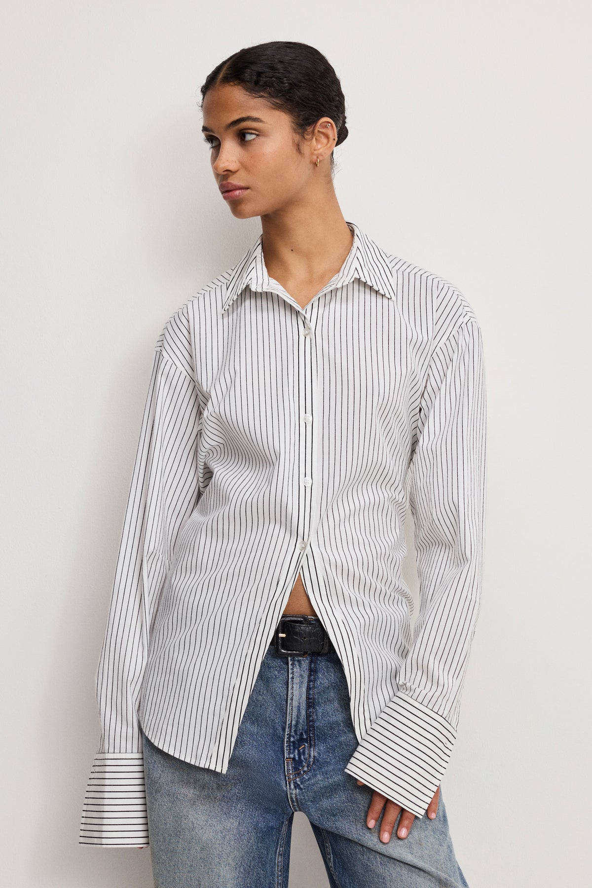 POPLIN TIE BACK SHIRT | BCW PINSTRIPE001
